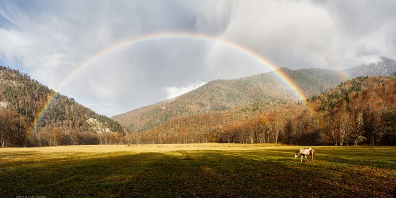 пейзаж, радуга, облака, поле, горы, осень, landscape, rainbow, clouds, field, mountains, autumn Портал фото превью