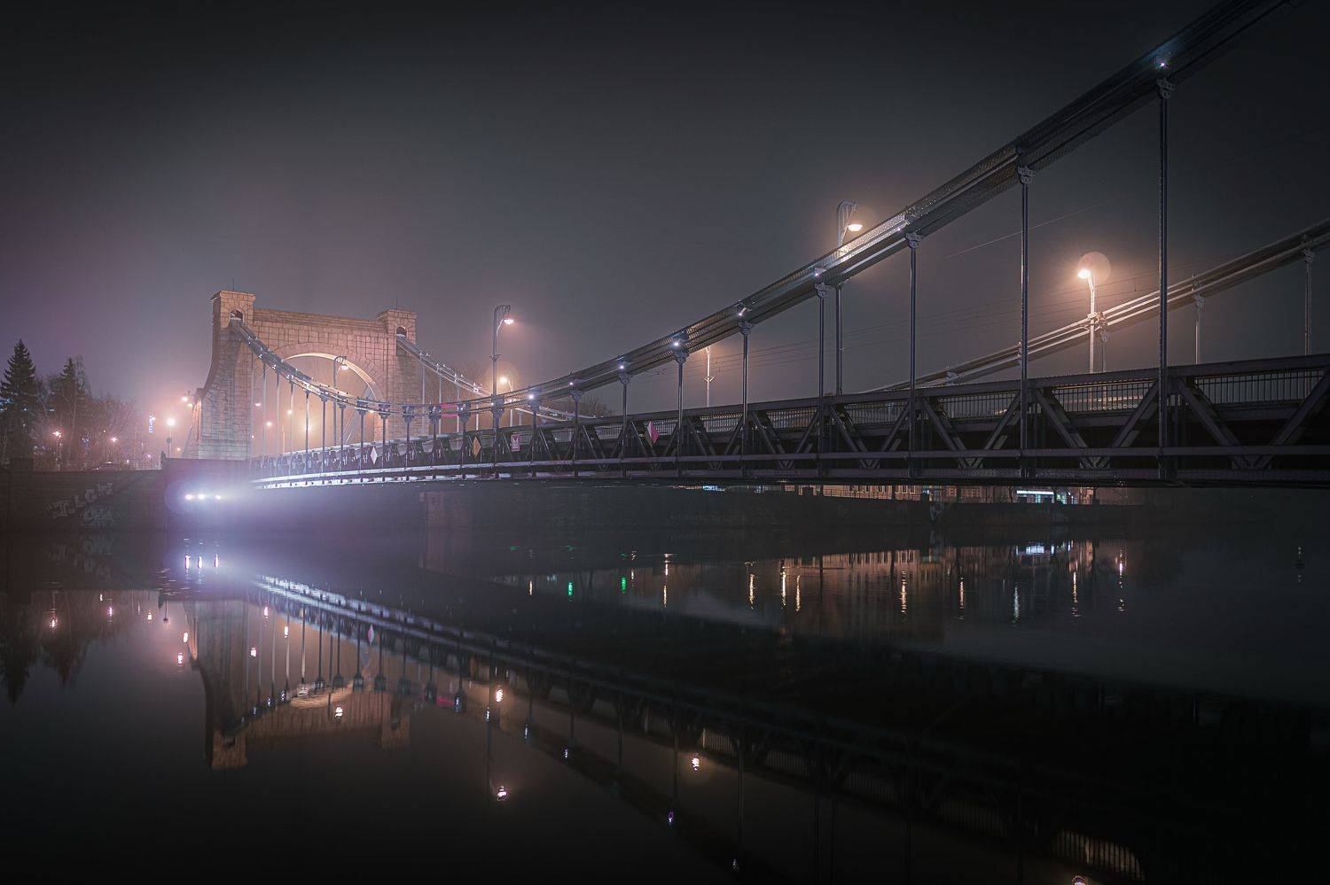 wrocław, wroclaw, polska, poland, breslau, odra, oder, grunwaldzki, bridge, fog, mist, dark, evening, river, city, cityscape, lights, dark, reflection, Skubala Krzysztof