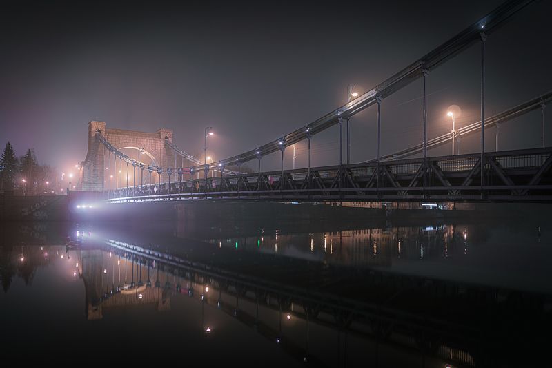 wrocław, wroclaw, polska, poland, breslau, odra, oder, grunwaldzki, bridge, fog, mist, dark, evening, river, city, cityscape, lights, dark, reflection Misty bridge фото превью
