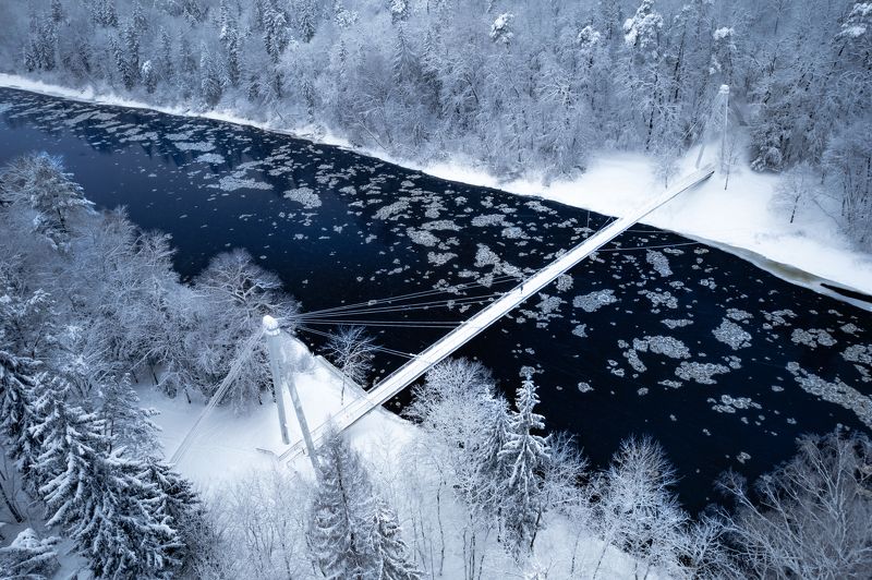 река, зима, снег, лес, лед Мост через реку Гауя фото превью