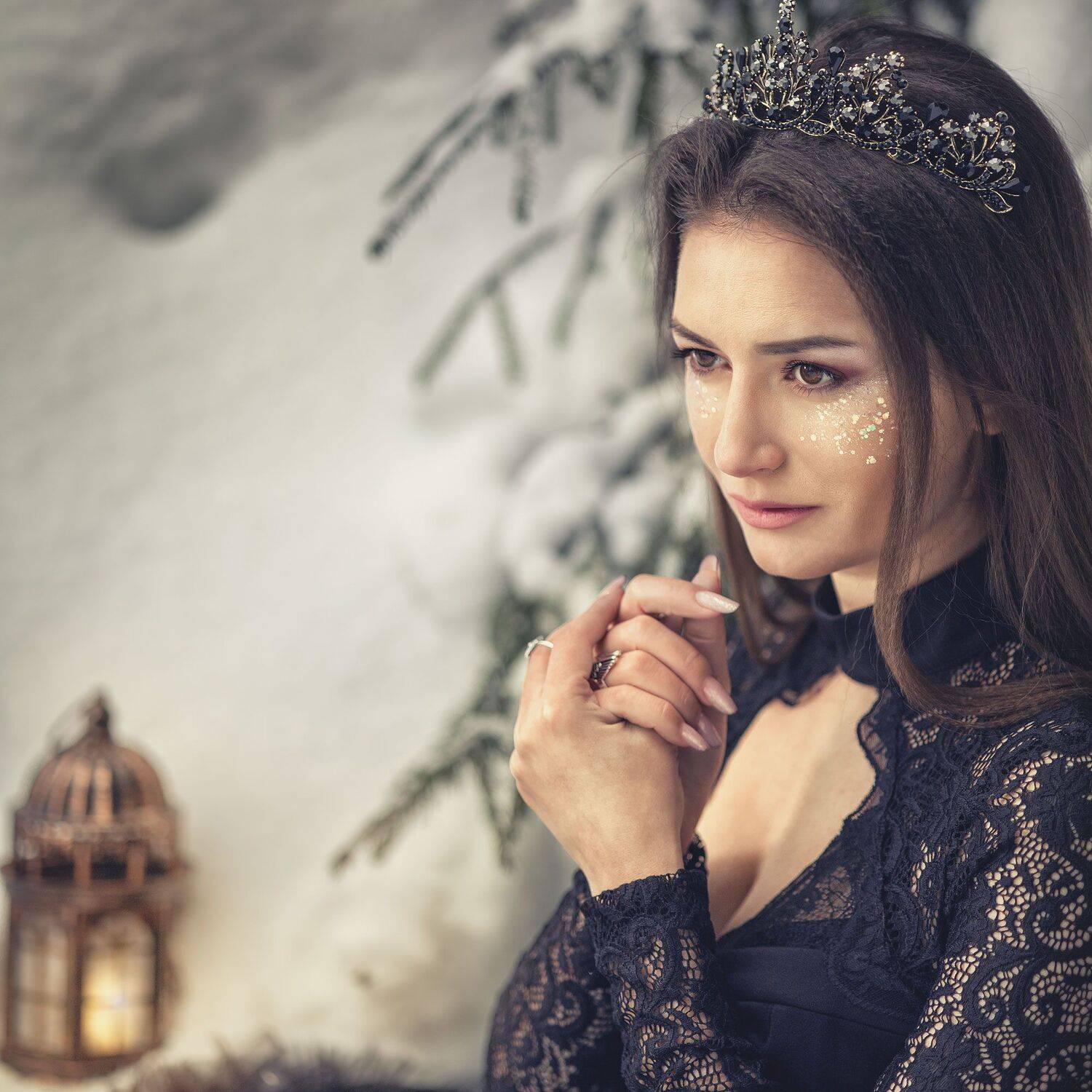 белый зеленый дым черное платье корона крылья зима лес девушка сказка снег история волшебство, Ирина Мухина