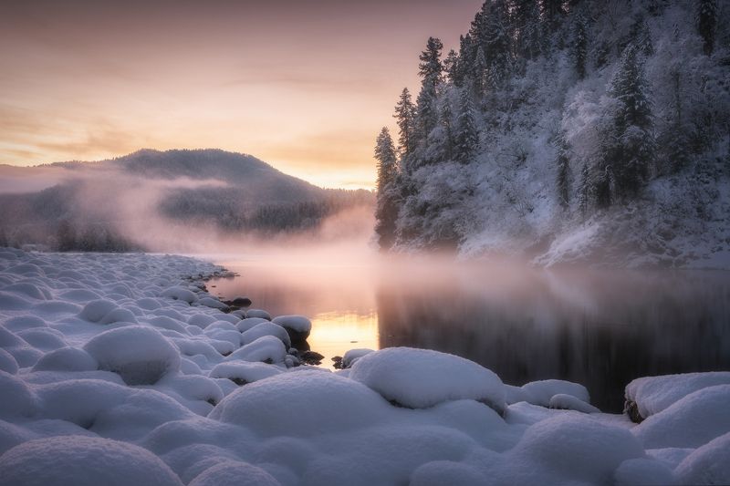 горный алтай, республика алтай, бия, бия заповедная, турочакский район, прителецкая тайга, зимний пейзаж, реки алтая, декабрь, altai mountains, сумерки, предрассветное время Сумеречная Бия фото превью