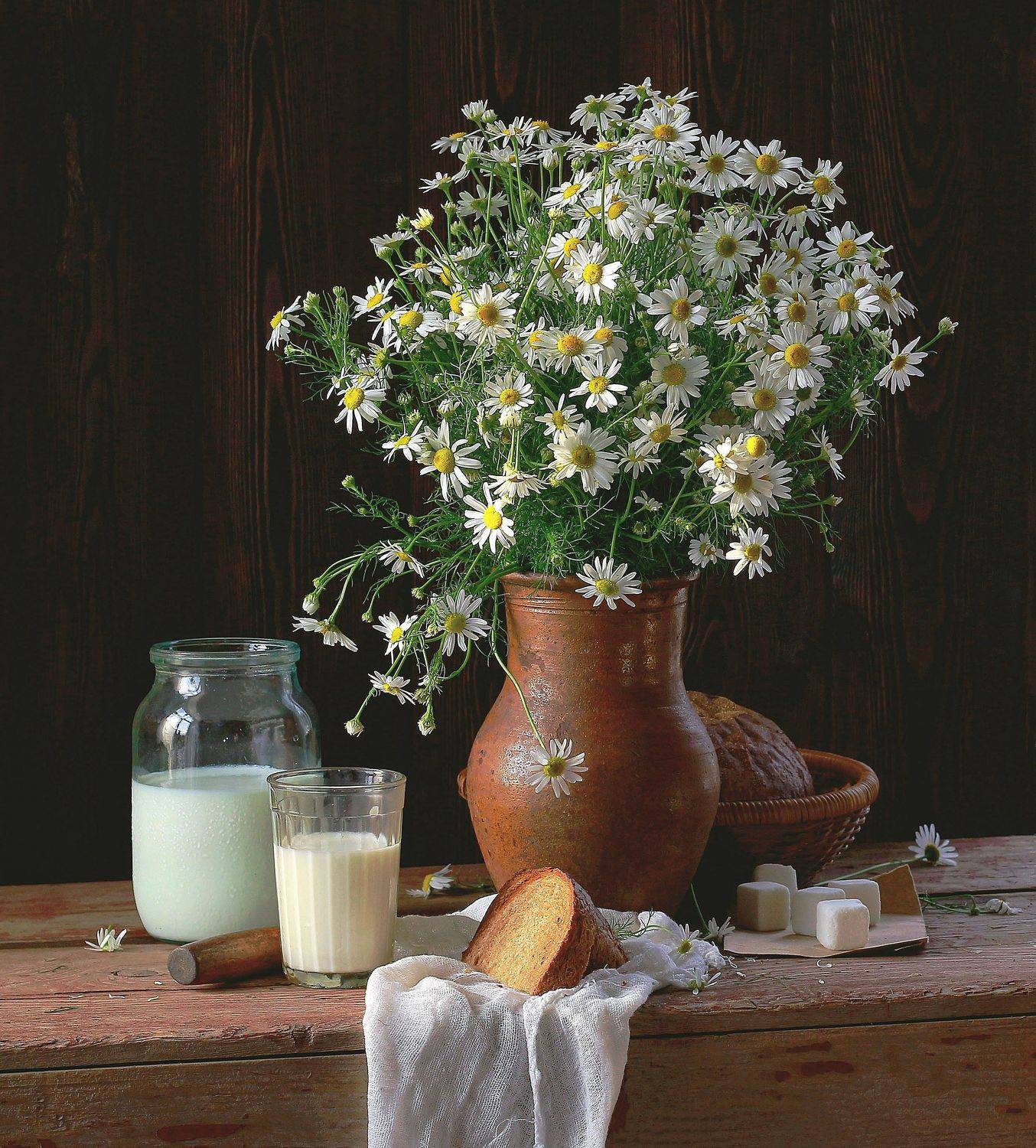 натюрморт, фотонатюрморт, лето, цветы, ромашки, хлеб, молоко,  наталья казанцева, Наталья Казанцева