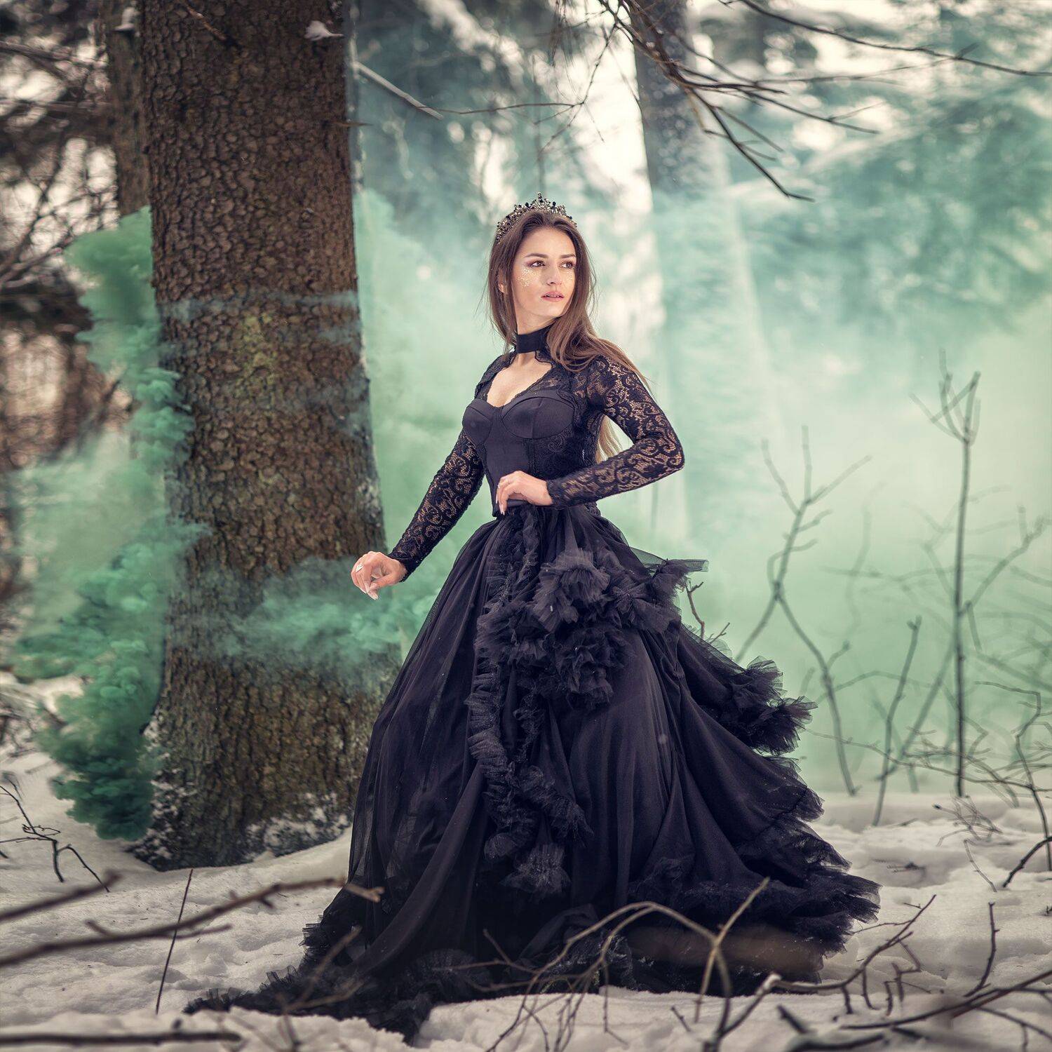 белый зеленый дым черное платье корона крылья зима лес девушка сказка снег история волшебство, Ирина Мухина