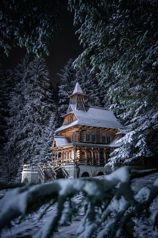 zakopane, jaszczurówka, jaszczurowka, poland, polska, tatry, tatra, tatras mountain, winter, shrine, snow, night, evening, chapel, dark, cold, forest, old Winter shrine фото превью