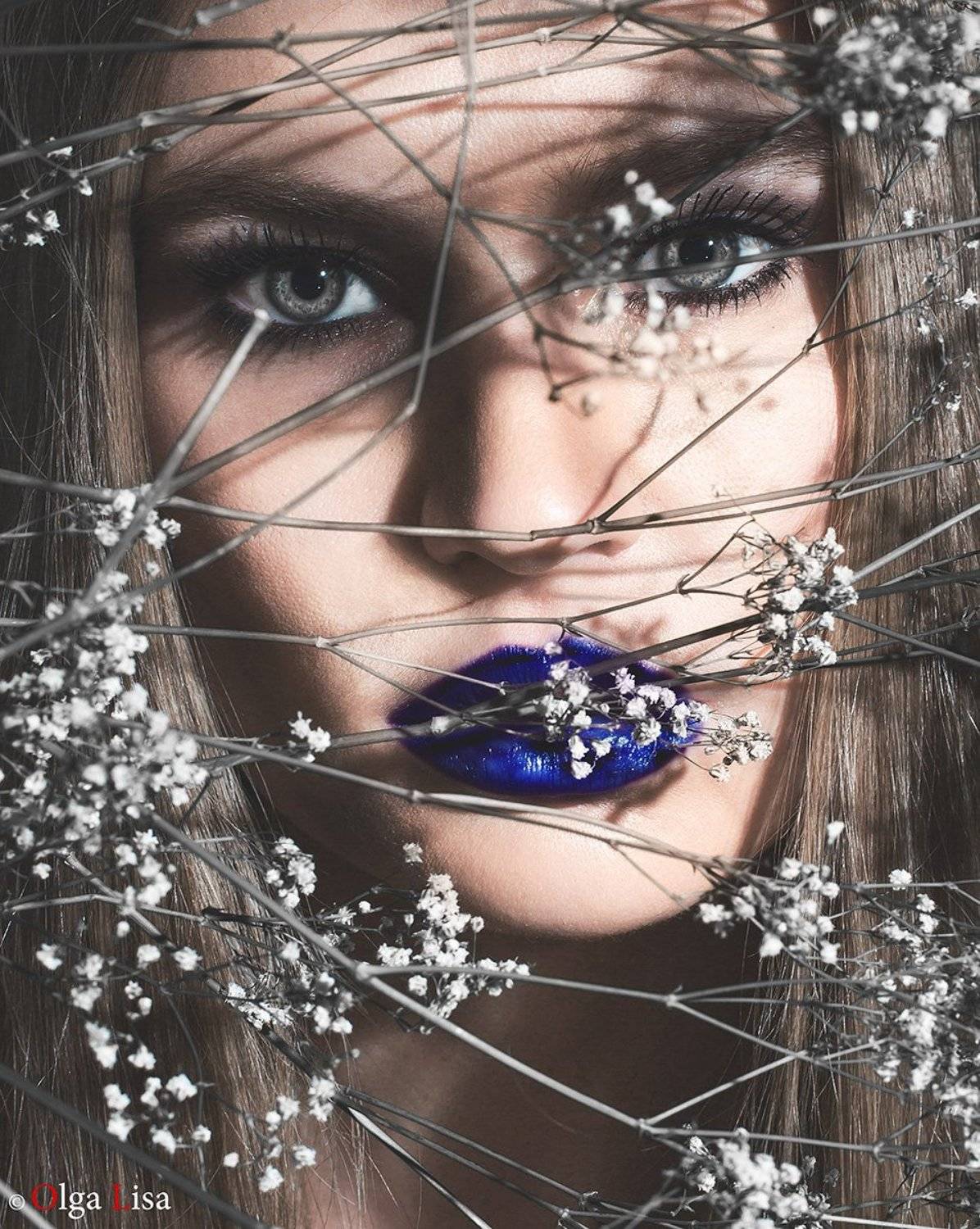 Blue, Fashion, Flowers, Girl, Lips, Model, Portrait, Ольга Лиса
