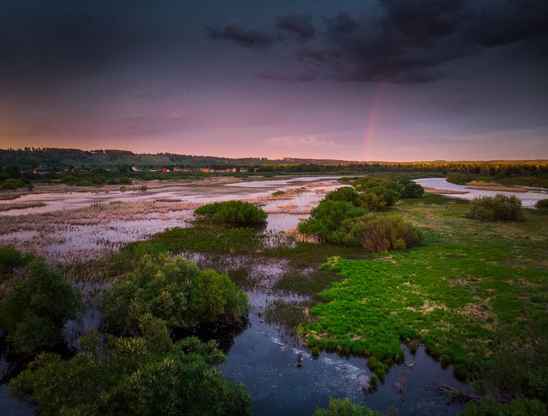 drone, landscape, sunset Fields with water cover фото превью