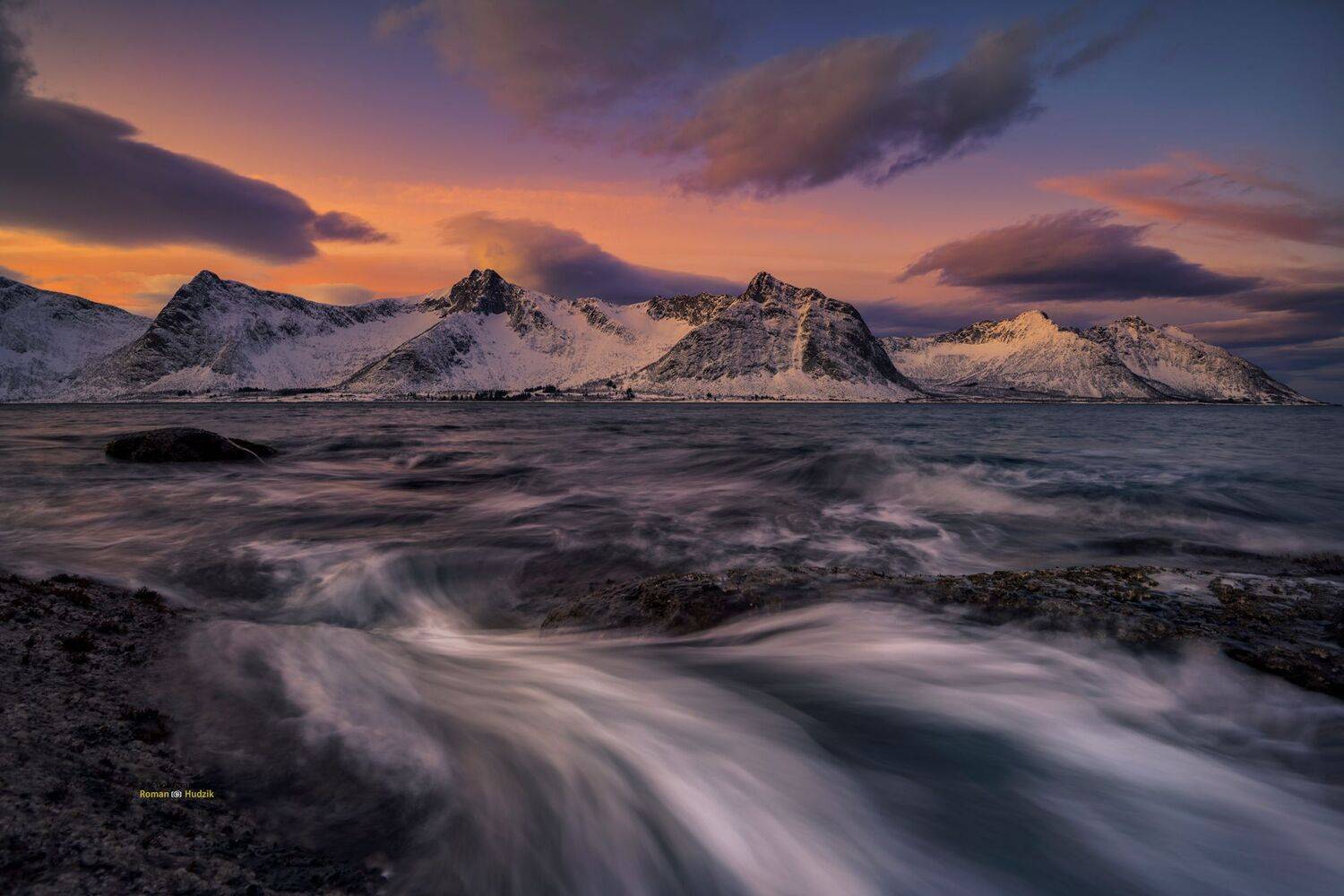 ocean, sea, wave, sunrise, Senja landscape, Norway, clouds, mountains, Hudzik Roman