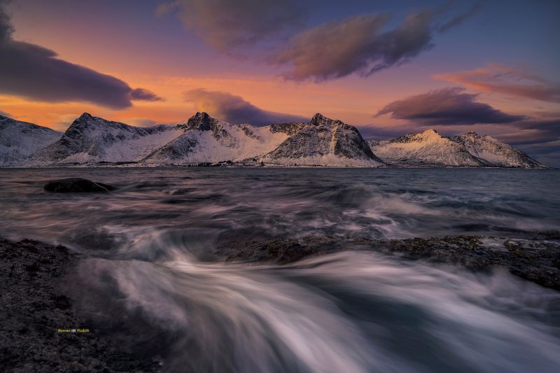 ocean, sea, wave, sunrise, Senja landscape, Norway, clouds, mountains The anger of the ocean. фото превью