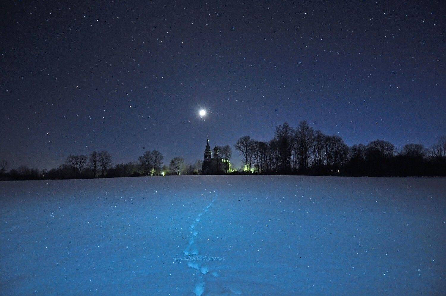 пейзаж, зима,ночь,псковская обл,снег, небо, звёзды, луна, мороз,собор, Юрий Яковлев