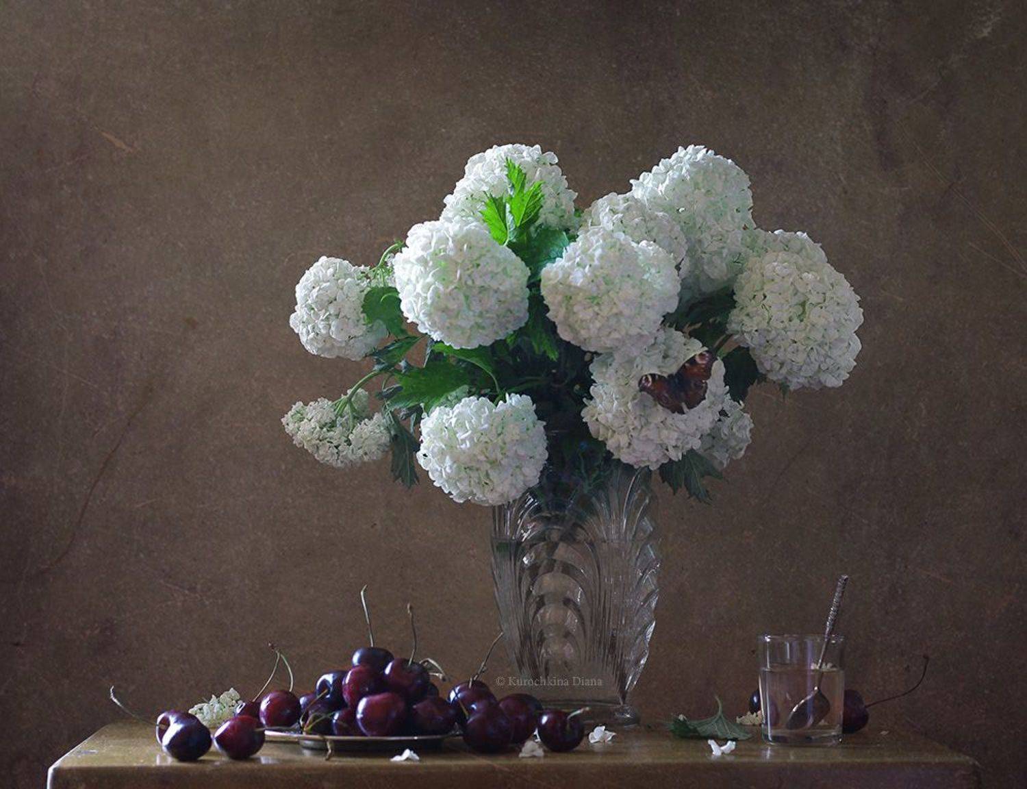 натюрморт, черешня, калина бульденеж, цветы, Курочкина Диана