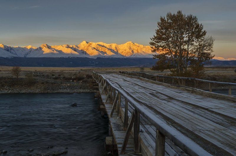 Алтай, Восход, Горный алтай, Горы, Курай, Мост, Панорама, Пейзаж, Природа, Путешествие, Рассвет, Река, Северо-чуйский хребет, Сибирь, Туризм, Утро, Чуя Рассвет в Курае. фото превью