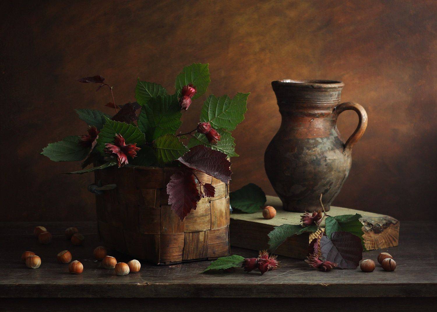 лукошко, орехи, кувшин, ветки орешника, Людмила Хрусталева*
