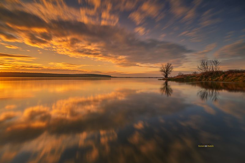 Mirror reflections, landscape, Poland, Kociewie, water, clouds, sunrise, river, sky Mirror images.  фото превью