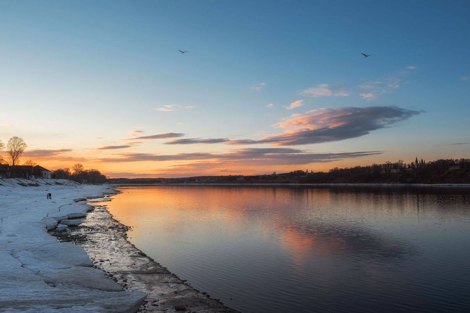 закат весна небо облака чайки берег волги отражение облаков, Сальников Евгений