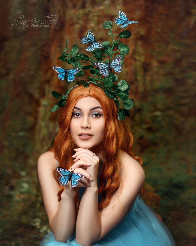 blue, dress, платье, бабочки, лес, богиня, художественная, фотография, фотосессия, волшебная, портрет, голубой Forest fairy фото превью