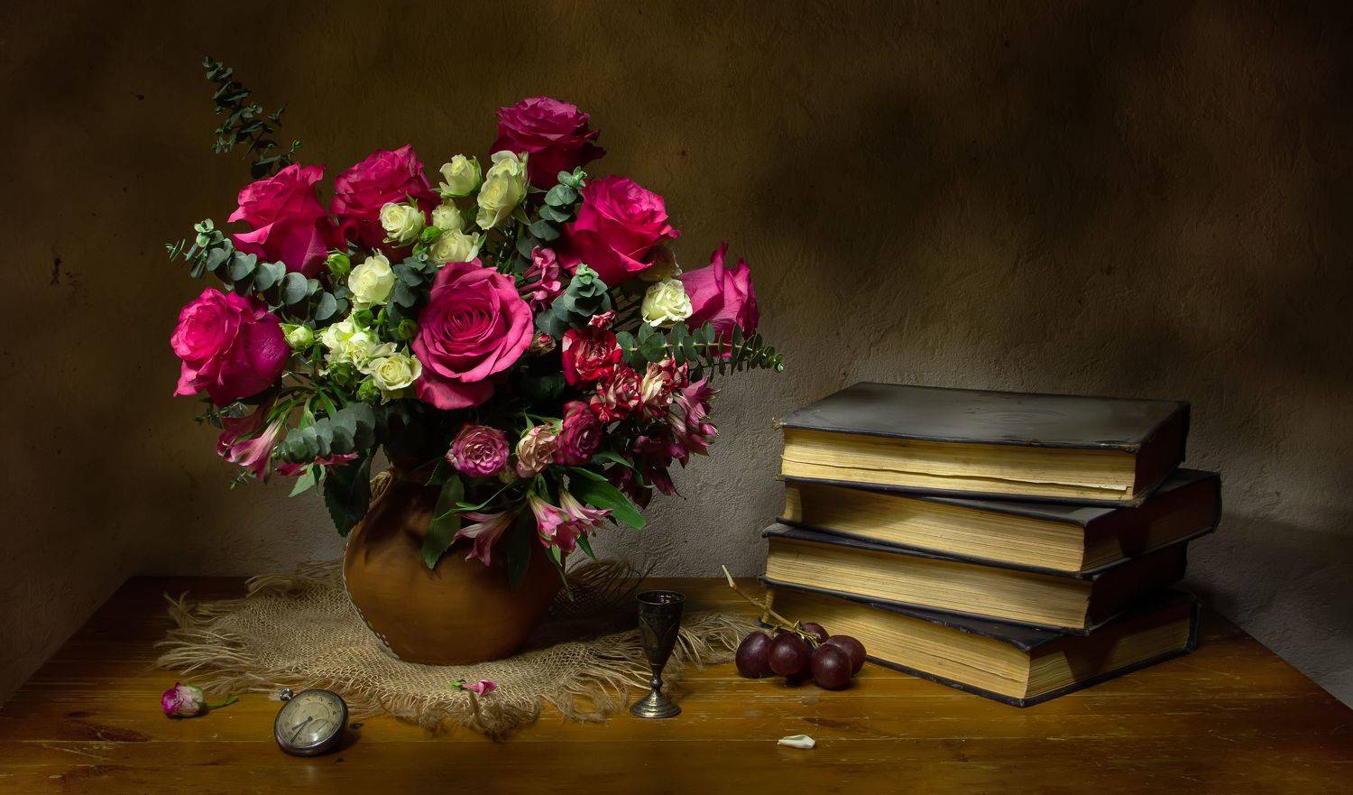 натюрморт, розы, книги, часы, Татьяна Феденкова