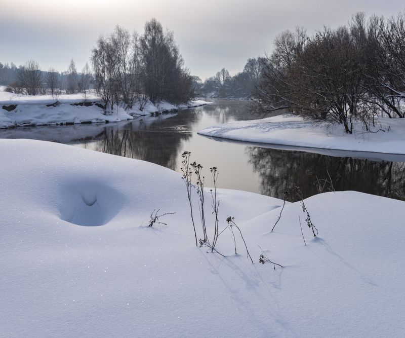 река, снег, зима Излучина фото превью