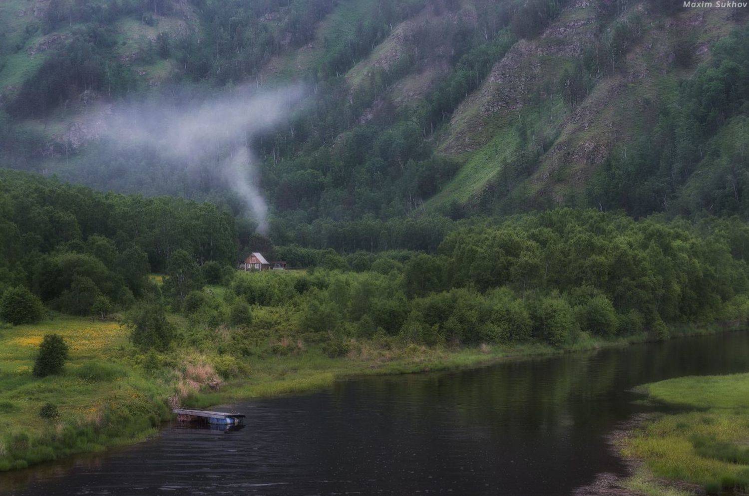 кбжд, байкал, домик, избушка, река, тайга, горы, туман, дождь, причал, деревья, Максим Сухов