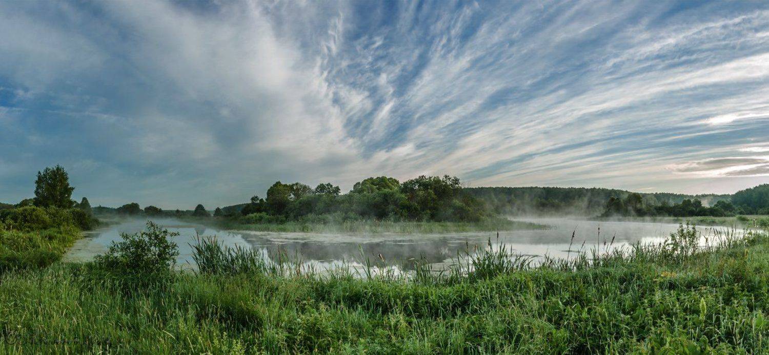 Лето, Небо, Облака, Рассвет, Река, Туман, Утро, Анатолий Зверев