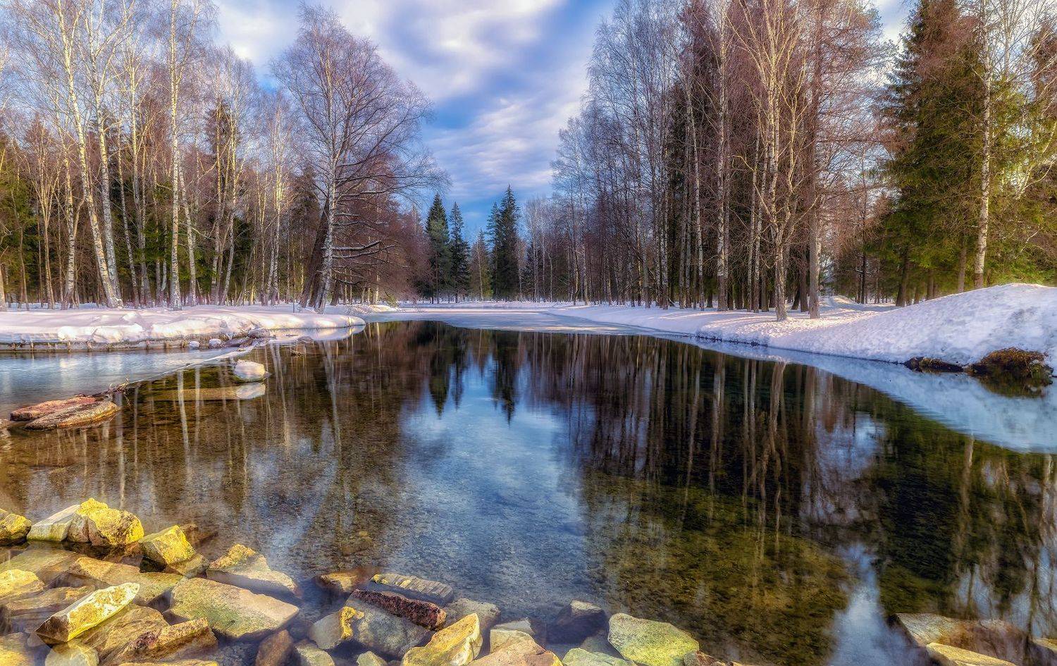 гатчина солнце снег вода пруд небо февраль, Скороходов Константин