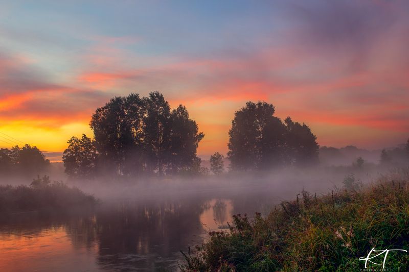chmury, drzewa, Gwda, korona, krajobraz, mgła, natura, niebo, odbicie w wodzie, rzeka, światło, wschód słońca The Crown of the Gwda River фото превью