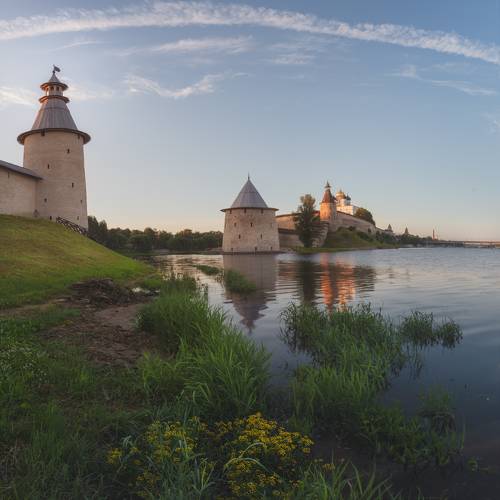 Озарённый первыми лучами, просыпается Псковский кром.