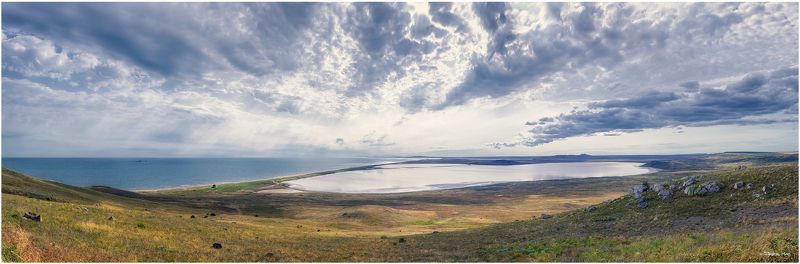 день, крым, облака, озеро, панорама, солнце, степь, черное море  фото превью