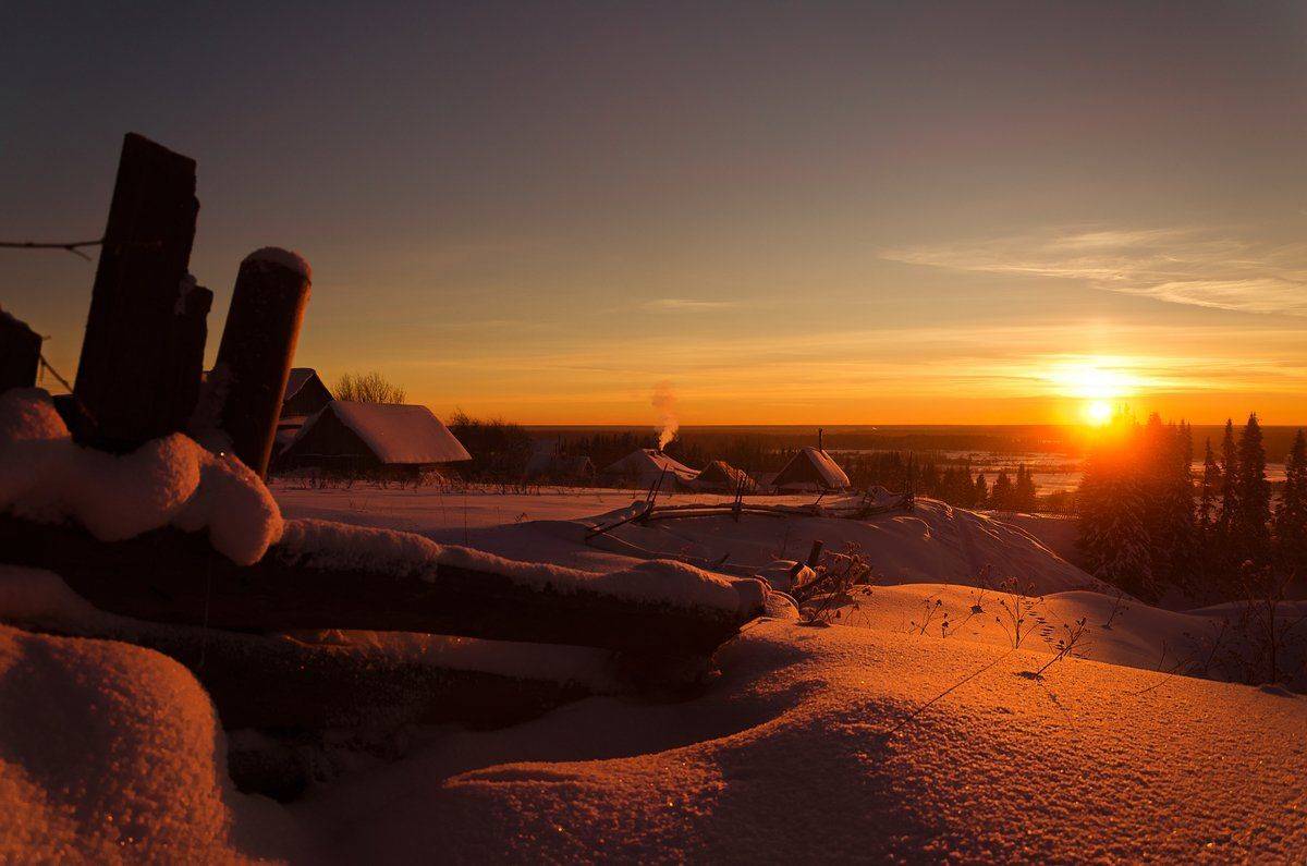 Вечер, Деревня, Закат, Зима, Солнце, Сергей