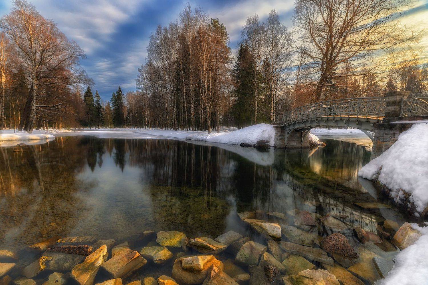 пруд солнце вечер небо отражение снег, Скороходов Константин