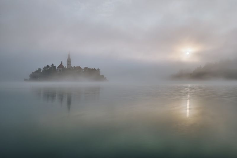 sunset, spring, landscapes, tree, Morning fog on Bled фото превью