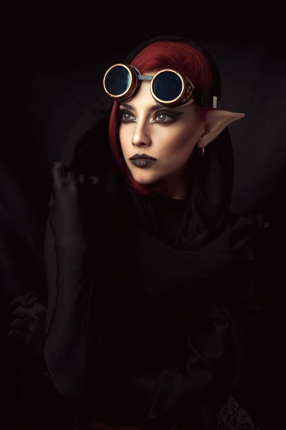 girl, female, portrait, elf, black, red, glass, model, person, women, Николай Гришин