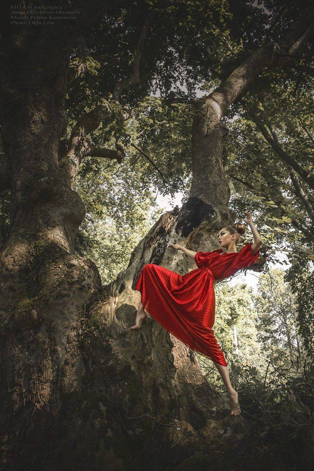 Dress;, Dryad;, Fashion;, Girl;, Model;, Nymph;, Red;, Style;, Wood nymph, Wood;, Ольга Лиса