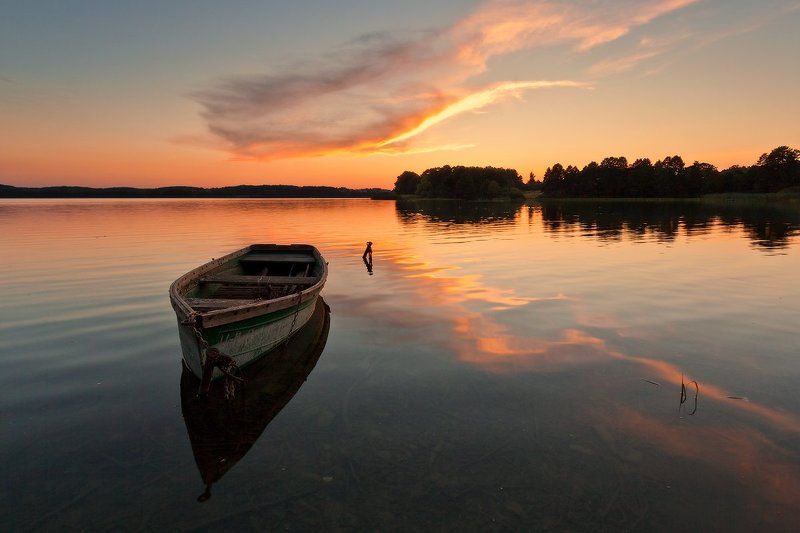 Boat, Lake, Masuria, Mirror, Poland, Sky, Sokol, Sunset, Warmia Old boat фото превью