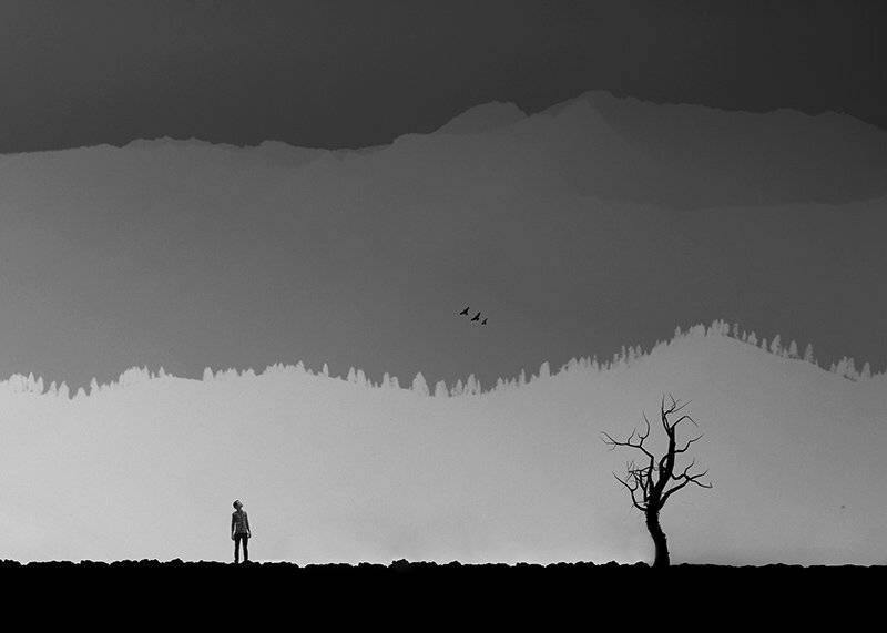 concept, conceptual, fine art, manipulation, human, birds, mountain, milad safabakhsh, black and white, milad safabakhsh