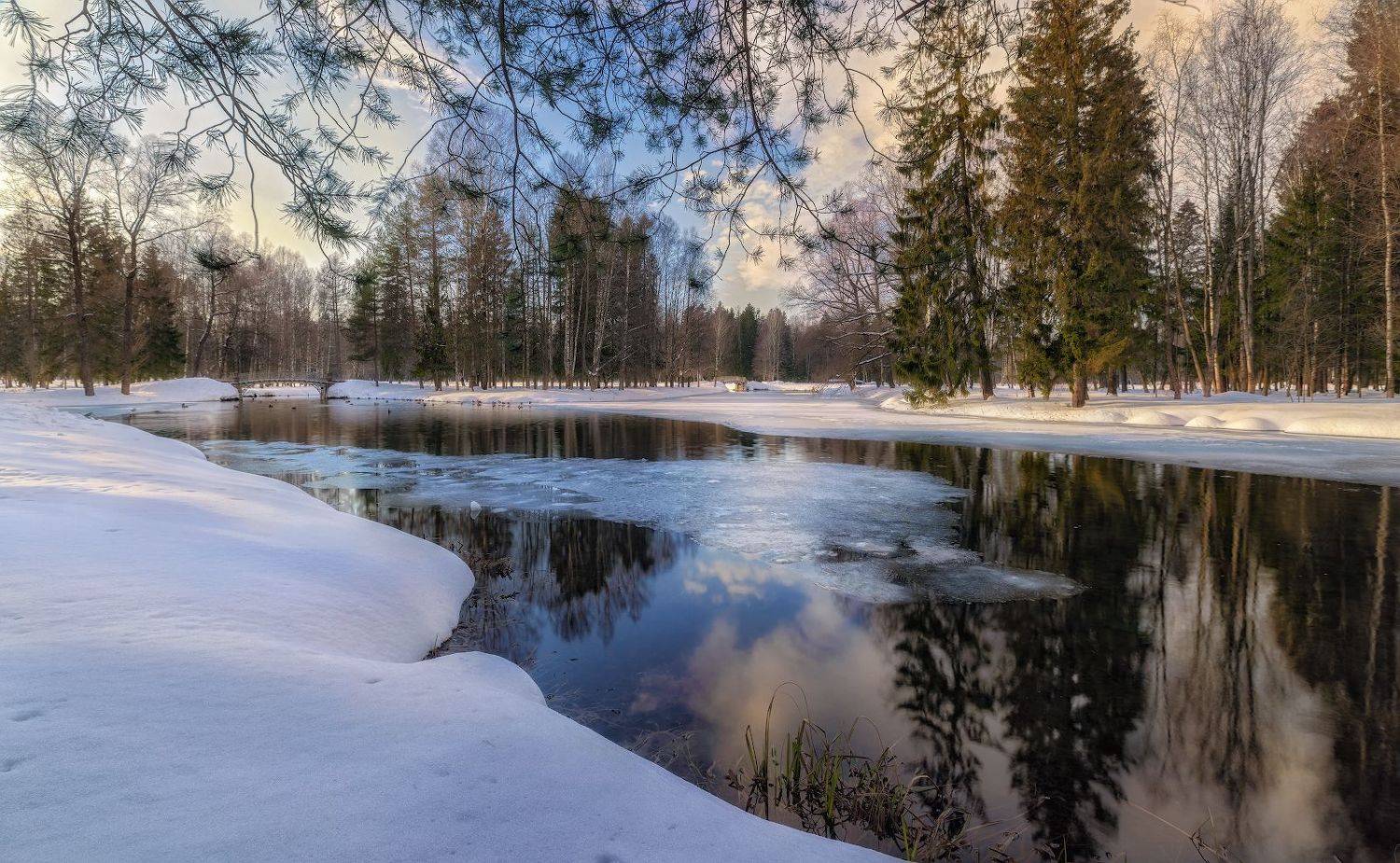 пруд солнце снег лед отражение мосты небо, Скороходов Константин