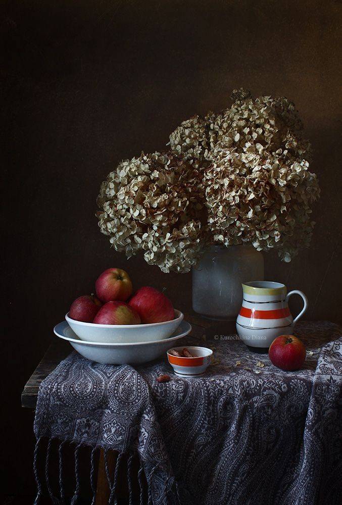 натюрморт, яблоки, гортензия, Курочкина Диана