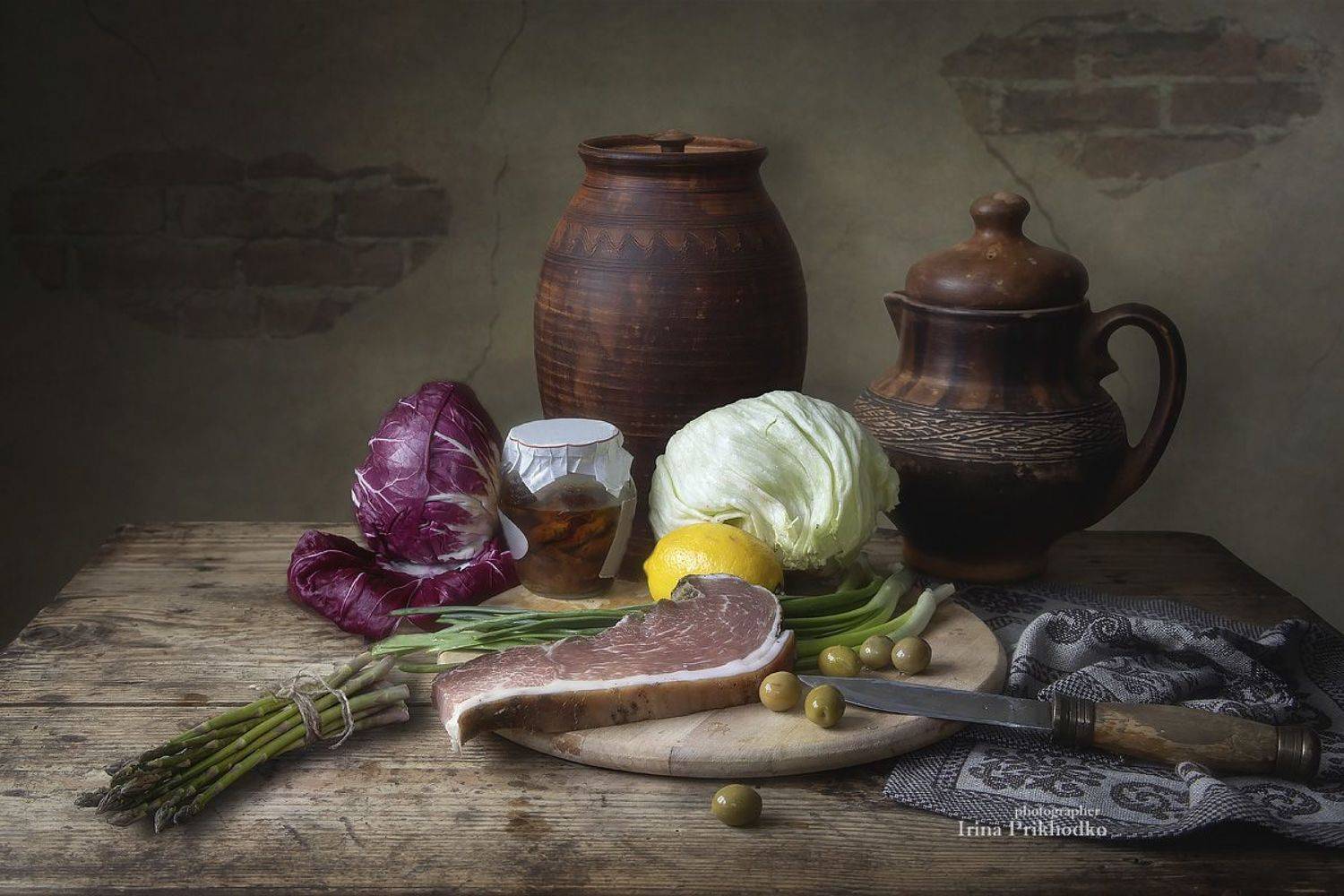 натюрморт, еда, винтажный, окорок, спаржа, овощи, Приходько Ирина