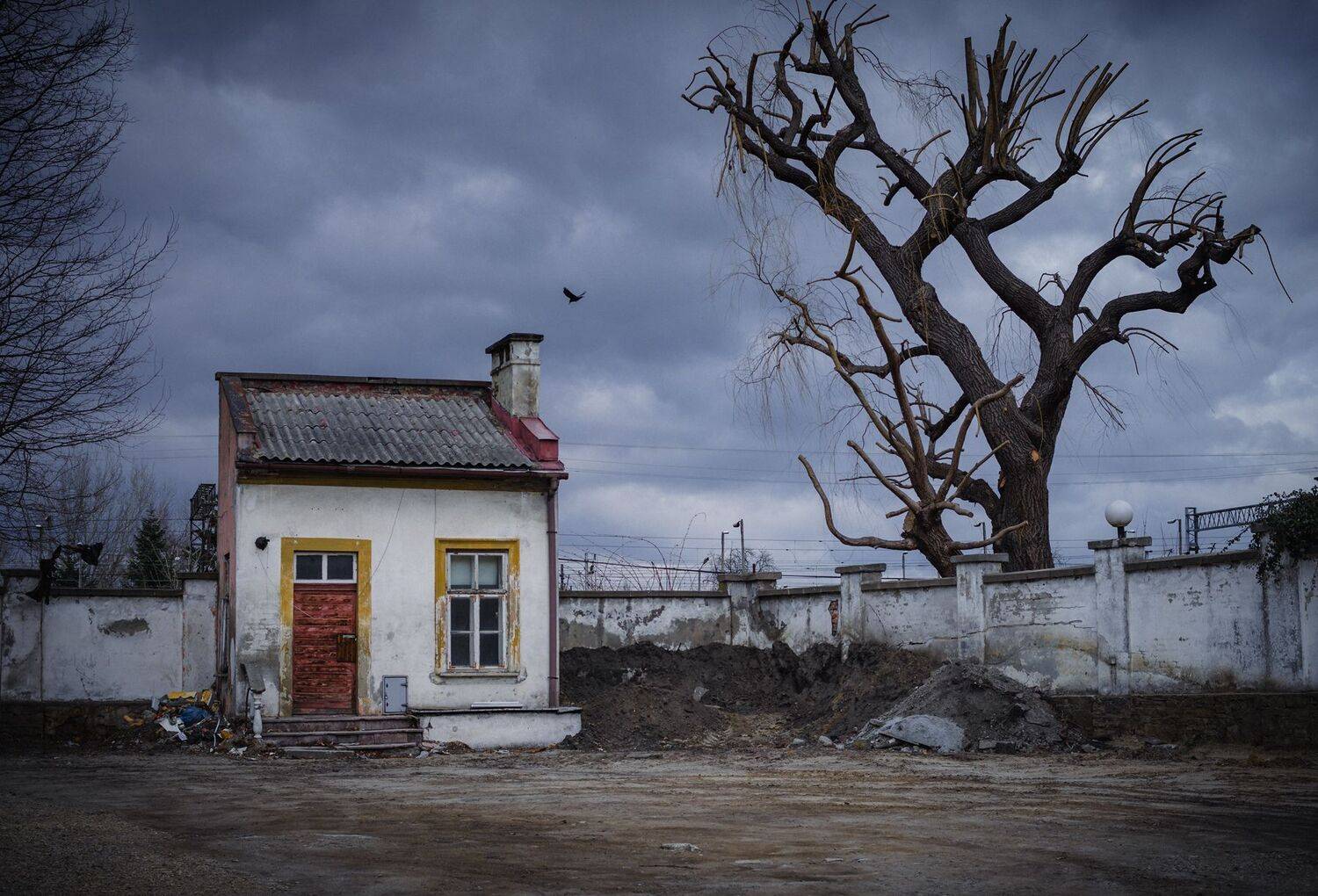 house, gloomy, sadness, war, sky, clouds, tree, window, door, wall, przemyśl,  Mirosław Pruchnicki