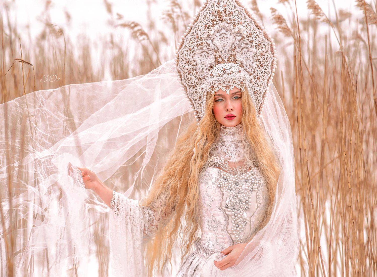 царевна, лебедь, зима, белый, портрет, природа, снег, костюм, сказка, Софья Ознобихина