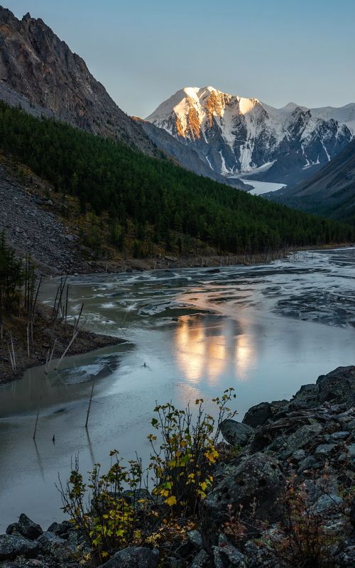 россия горы алтай природа свет тьма ник_васильев грань вечер сумерки тревога закат озеро маашей мажой Погибшее озеро Маашей. Закат. фото превью