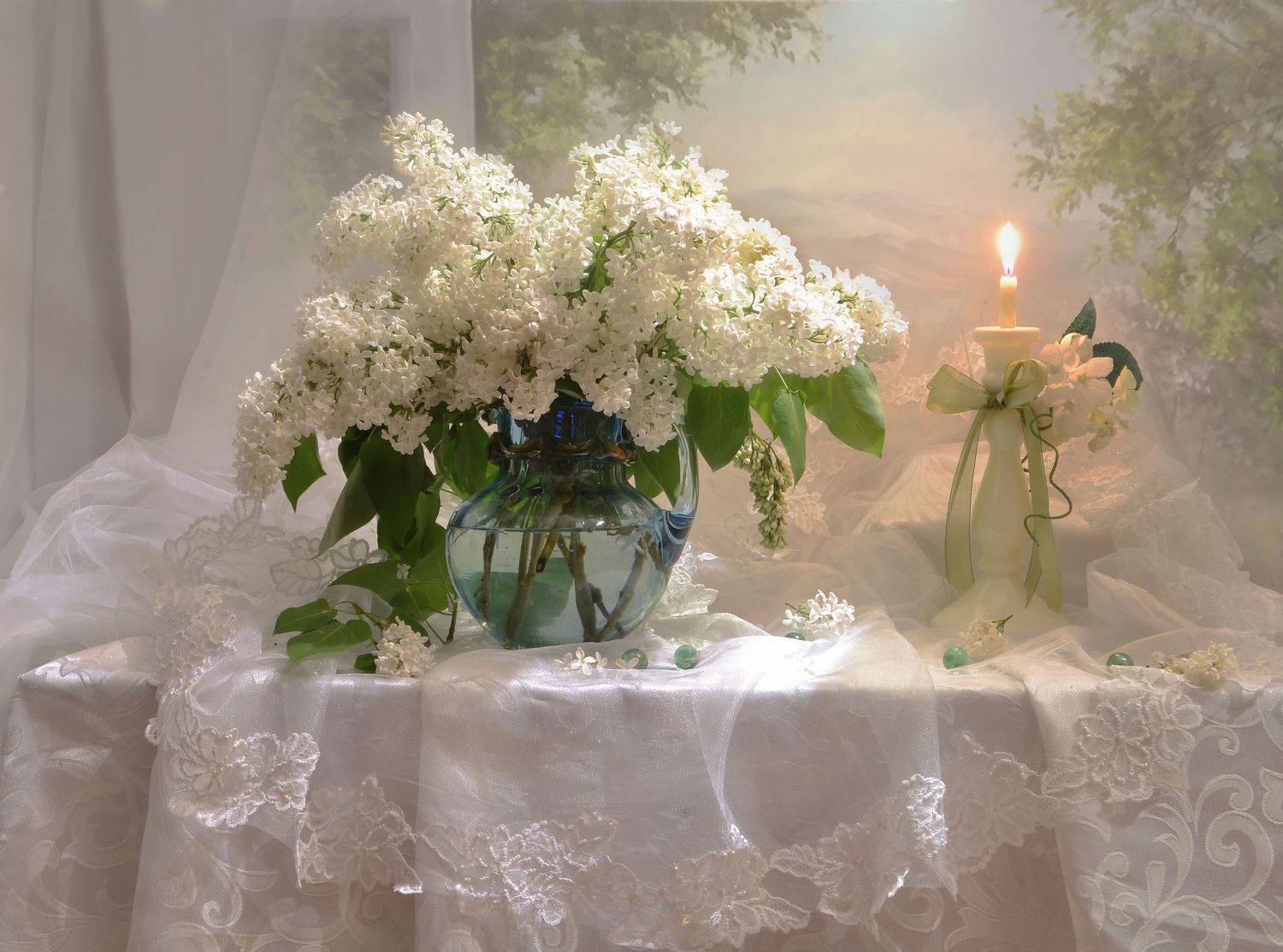 still life, натюрморт, цветы, фото натюрморт ,весна, май, белая сирень, настроение, свеча, подсвечник, Колова Валентина