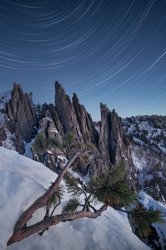 таганай, зима, урал, южный урал, перья, двуглавая сопка, астро, ночь, звезды, звездные треки, треки, звездные следы, startrail, startrails Окаменевшие навечно Перья фото превью