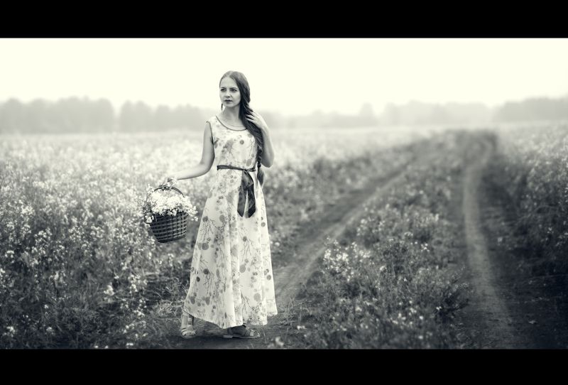 девушка, студия, художественное фото, лето, поле, корзинка, цветы, деревня *** фото превью