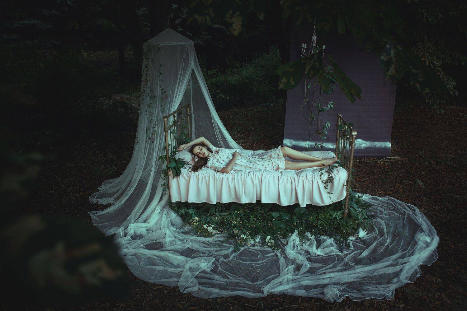 dream, bed, bedroom, forest, nature, dreams, girl, night dream, teleportation, fairy, fairytale, fine art, art, , Катерина Клио