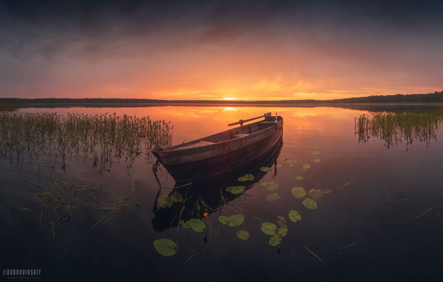 озеро, лодка, воймежное, закат, лето, краски., Михаил Дубровинский
