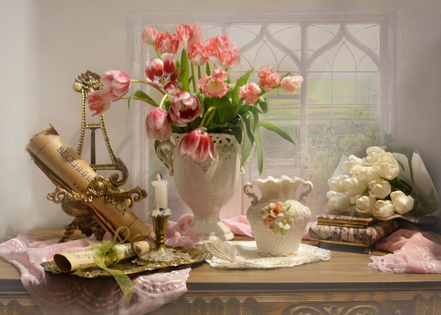 still life, натюрморт, цветы, фото натюрморт, весна, март, , цветы, тюльпаны, ноты, свеча, подсвечник, настроение, шкатулка, Колова Валентина