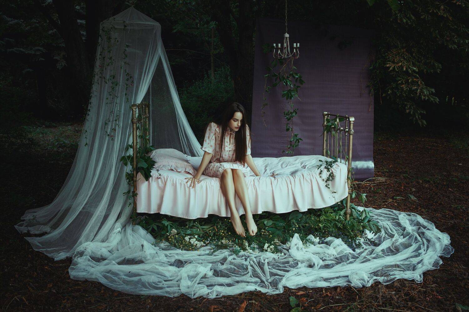 dream, bed, bedroom, forest, nature, dreams, girl, night dream, teleportation, fairy, fairytale, fine art, art, , Катерина Клио