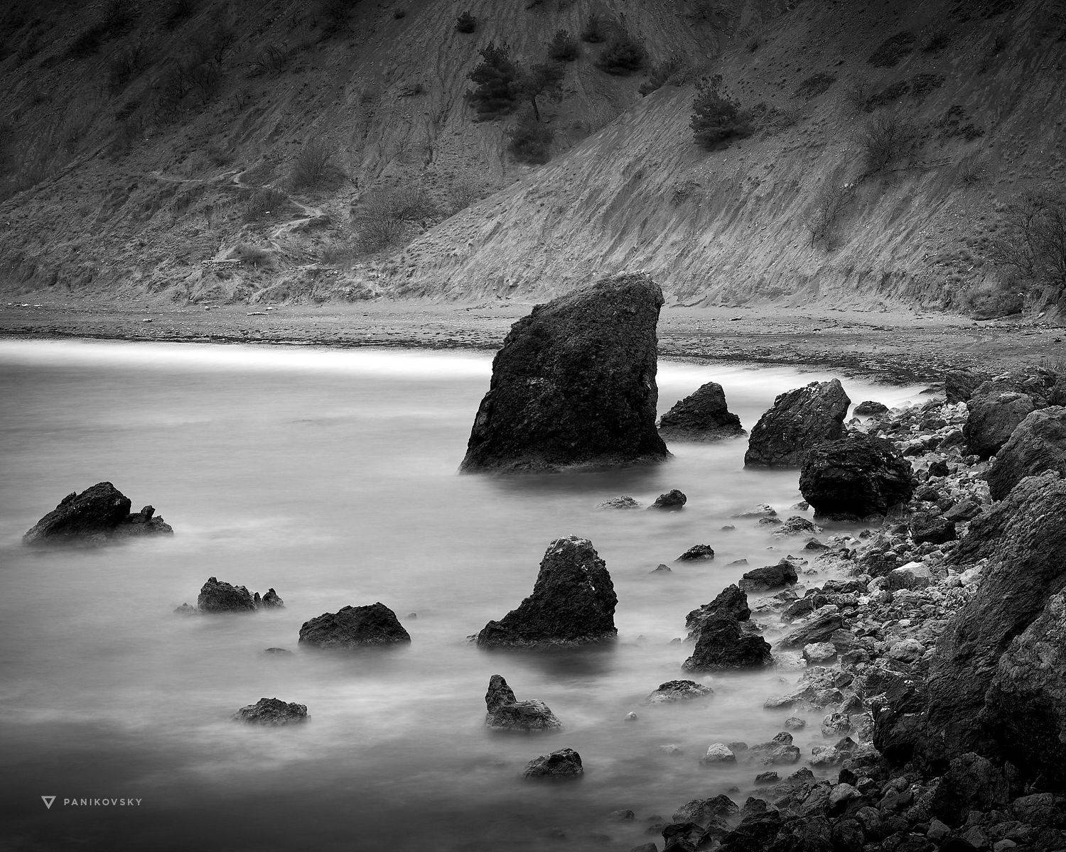 Новый свет, крым, акула, море, черно и белое, длинная выдержка, Паниковский Виктор