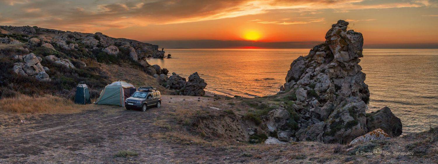 шатёр, хонда, солнце, скалы, путешествия,  путешествие на автомобиле, автокемпинг, honda crossroad, правый руль, побережье, дикий пляж, пейзаж, панорама, палатка,  небеса, море, лето, крым,  закат,  дикий отдых,, Сарапулов Игорь